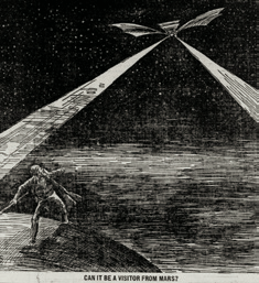 Tekening van een spookluchtschip uit de krant The Saint Paul Globe (18 97) waarin de vraag gesteld word of het om een bezoeker van Mars gaat.