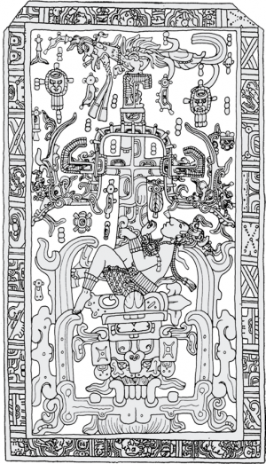 Het deksel van de sarcofaag van Maya koning Pacal. Volgens experts in de Mayacultuur zijn alle symbolen begrijpelijk binnen de context van de mythologische opvattingen van de Maya’s. Volgens von Däniken betreft het een afbeelding van een man in een ruimt
