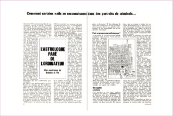 Het begin van het 9 pagina’s tellend artikel van Michel Gauquelin in “Science &amp; Vie” n° 611, met de dossiers van de 10 criminelen, hun foto’s en de passages rond hun horoscopen.